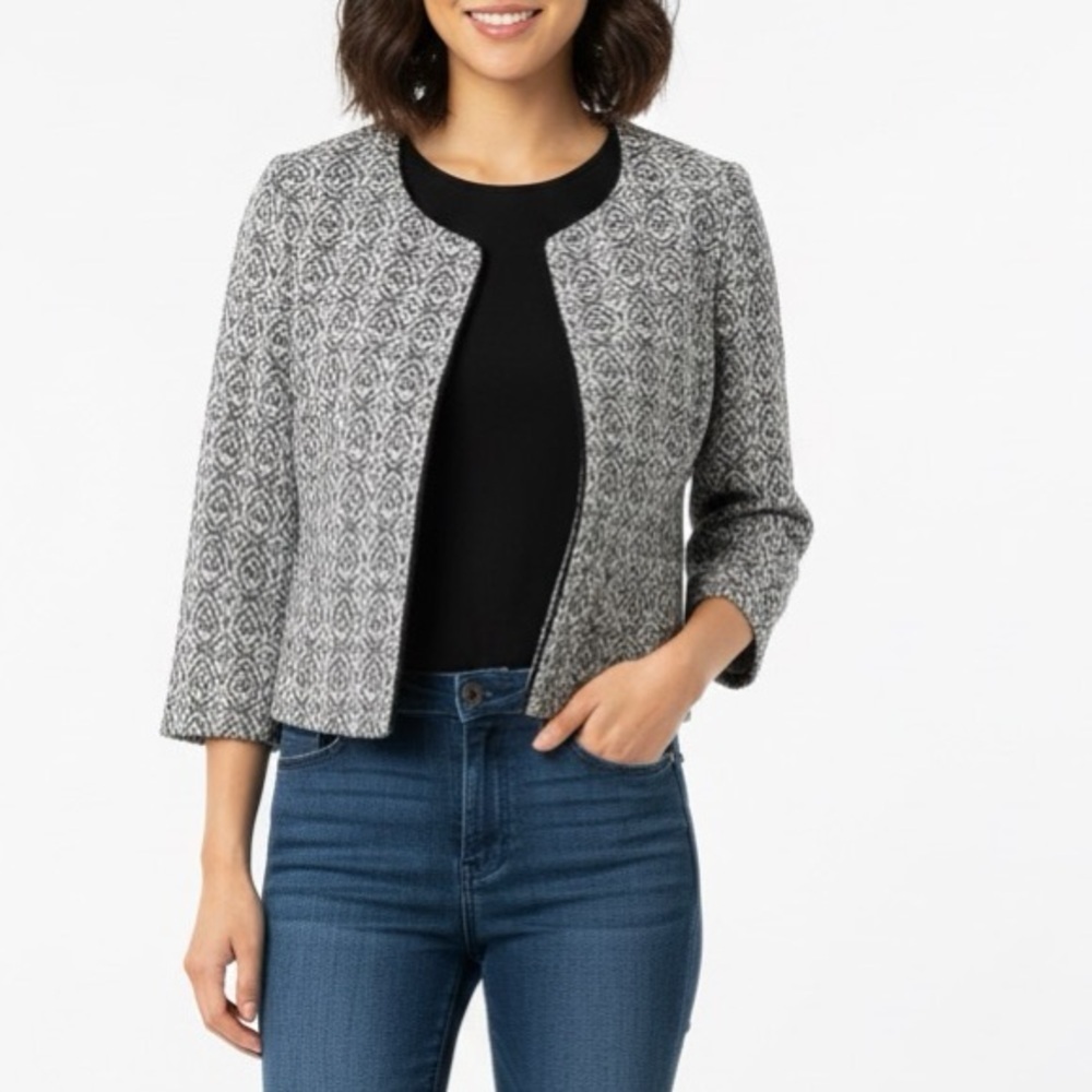 NWT Pleione Bellatrix Gray Black White Open Front Blazer Jacket Geo Sz S